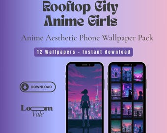 Anime City Rooftop Phone Wallpaper Pack | Dreamy Neon Lockscreen Set (Digital Download)
