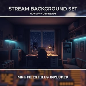 Könnte beinhalten: Eine Innenszene mit dem Text "STREAM BACKGROUND SET" und "HD • MP4 • OBS READY". Das Bild zeigt einen Raum mit Schreibtisch, Stuhl und Fenster mit Blick auf eine Stadt bei Nacht. Der Text "MP4 FILES FILES INCLUDED" ist ebenfalls vorhanden.