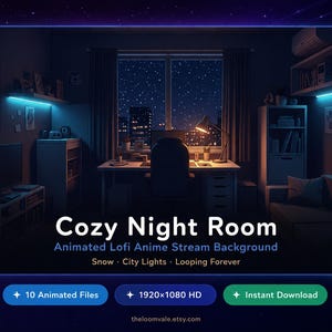 Animated Lofi Anime Night Room VTuber Background | Cozy Twitch Stream Overlay | OBS Starting Soon BRB Offline Screens | MP4 Loop