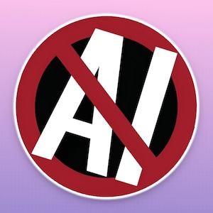 May include: A circular graphic featuring the white letters "AI" crossed out by a red diagonal line, set within a black circle and a red border. The background is a purple and pink gradient.