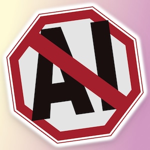 Peut inclure: Un panneau octogonal rouge et blanc avec les lettres noires "AI" barrées d'une ligne diagonale rouge. Le panneau a une bordure blanche et se détache sur un fond dégradé.