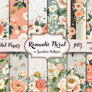 Pode incluir: Uma coleção de 18 padrões de papel digital sem costura com um tema floral romântico. Os desenhos apresentam várias flores em tons de pêssego, branco e verde, sobre fundos pontilhados e estampados. A imagem inclui o texto "Digital Paper" e "Romantic Floral".