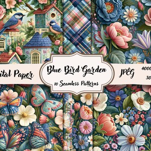 Op de afbeelding: Een digitale papiercollectie genaamd Blue Bird Garden met 10 naadloze patronen. De ontwerpen bevatten blauwe vogels, vogelhuisjes, vlinders en diverse bloemen in roze, blauwe en witte tinten. De afbeelding toont 4000x4000 JPEG-bestanden.
