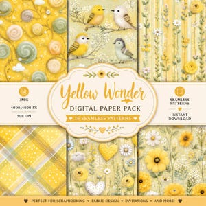 Pode incluir: Um pacote de papel digital intitulado Yellow Wonder com 16 padrões sem costura em paletas de cores amarelo e verde. Os designs incluem ilustrações de pequenos pássaros em galhos, arranjos florais, xadrez e corações.