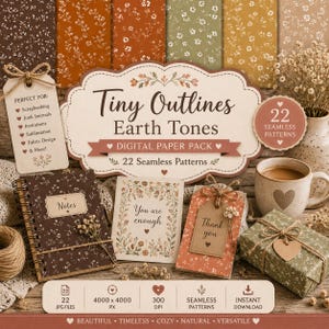 May include: A digital paper pack titled "Tiny Outlines Earth Tones" with 22 seamless patterns. The image features a variety of stationery items, including a notebook, gift tags, and a wrapped gift, all with floral designs. A mug of coffee and decorative flowers are also present.
