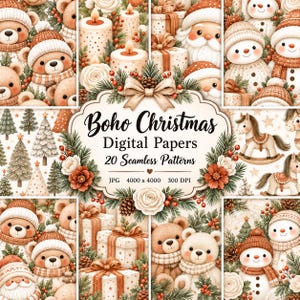 Pode incluir: Uma coleção de papel digital com temas de Natal boho, incluindo ursinhos de pelúcia, bonecos de neve, Papai Noel, cavalos de balanço, pinheiros e caixas de presente. O rótulo central exibe o texto Boho Christmas Digital Papers 20 Seamless Patterns.