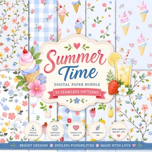 Summer Time Digital Paper Bundle, 10 Seamless Summer Patterns, Floral Picnic Papers, Ice Cream Backgrounds, Cocktail Digital Paper