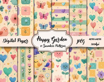 Pode incluir: Uma coleção de 17 padrões de papel digital sem costura com o tema "Happy Garden". Os padrões apresentam borboletas, pássaros, flores, corações e balões em cores pastel. A imagem inclui o texto "Digital Paper" e "JPEG 4096x4096 300dpi".
