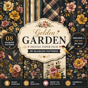 Pode incluir: Um pacote de papel digital intitulado Golden Garden com oito padrões sem costura com motivos florais em amarelo, rosa e verde escuro, além de beija-flores, listras e xadrez. O rótulo central exibe o texto Golden Garden.