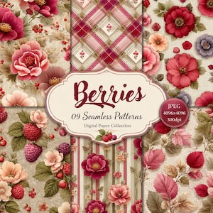 Digitales Papierpaket „Berries Bloom“ | 9 nahtlose Vintage-Blumenmuster | Romantische JPEG-Hintergründe mit Beeren- und Karomuster