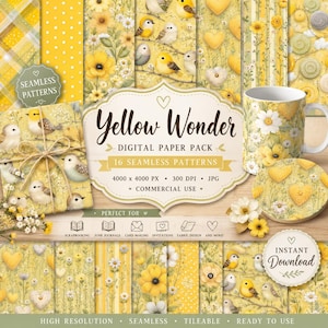 May include: A digital paper pack titled "Yellow Wonder" featuring 16 seamless patterns. The patterns include yellow floral, bird, and heart designs. A mug and coaster with matching patterns are also shown. The pack is suitable for scrapbooking, card making, and fabric design.
