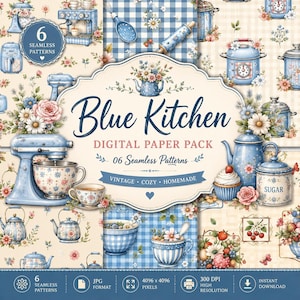 May include: A digital paper pack featuring six seamless patterns with blue kitchen themes, including illustrations of stand mixers, teapots, floral arrangements, and gingham prints. The central label displays the text Blue Kitchen Digital Paper Pack.