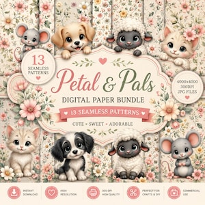 Pode incluir: Um pacote de papel digital intitulado Petal & Pals com 13 padrões sem costura com ilustrações de cachorros, gatinhos e cordeiros entre flores rosas e brancas. O gráfico inclui etiquetas de texto para 13 padrões e arquivos JPG 4000x4000 300DPI.