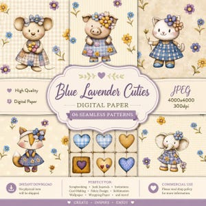 Pode incluir: Uma coleção de papel digital intitulada Blue Lavender Cuties apresentando seis padrões sem costura com ilustrações de um rato, porco, gato, raposa e elefante com vestidos xadrez azuis, junto com corações e pequenas flores.