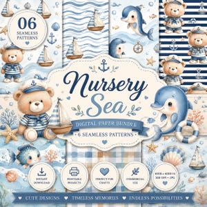 Nursery Sea Digital Paper Bundle, 6 Seamless Nautical Patterns, Baby Boy Ocean Backgrounds, Sailboat Dolphin Teddy Bear Nursery Paper