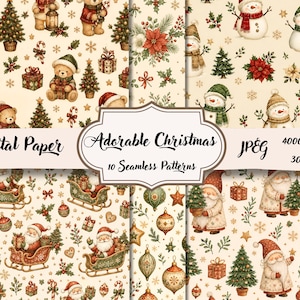 Pode incluir: Uma coleção de papel digital com 10 padrões de Natal sem costura, ilustrando ursinhos de pelúcia, bonecos de neve, Papai Noel, árvores, ornamentos e presentes em fundo creme. Texto: Digital Paper, Adorable Christmas, JPEG, 4000x4000, 300dpi.