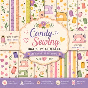 Candy Sewing Digital Paper Bundle, Sewing Machine Patterns, Thread Spool Paper, Quilting Scrapbook Paper, 35 Seamless JPG