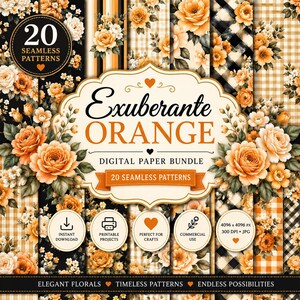 Exuberant Orange Digital Paper Bundle, 20 Seamless Floral Patterns,Orange Rose Backgrounds, Buffalo Plaid Floral Paper, Autumn Digital Paper