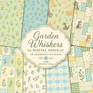 Op de afbeelding: Een digitale papiercollectie genaamd Garden Whiskers met acht naadloze patronen met illustraties van kittens, wilde bloemen en gingham-ruitjes in zachte groen-, blauw- en geeltinten. De tekst luidt Garden Whiskers DIGITAL PAPER 08 SEAMLESS PATTERNS JPG 4000x4000 300dpi.
