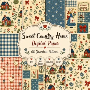 Sweet Country Home Digital Paper Bundle, Cottage Farmhouse Seamless Patterns, Chicken, Floral & Patchwork Scrapbook Paper