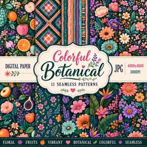 Puede incluir: Una colección de 11 patrones de papel digital sin costuras con motivos botánicos y frutales. La imagen muestra varios arreglos florales, cuadros y diseños de rayas con el texto Colorful Botanical 11 Seamless Patterns JPG 4000x4000 300DPI.