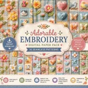 Pode incluir: Um pacote de papel digital com 16 padrões sem costura com motivos bordados de flores, corações, borboletas, pássaros e gatos em fundos xadrez. O rótulo central diz Adorable Embroidery Digital Paper Pack 16 Seamless Patterns.