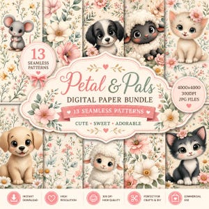 Petal & Pals Digital Paper Bundle, 13 Seamless Animal Patterns, Cute Kawaii Nursery Backgrounds, Floral Scrapbook Paper, JPG Commercial Use