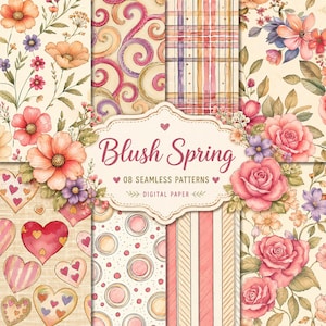 Blush Spring Digital Paper Pack | 8 Watercolor Seamless Floral Patterns | Vintage Shabby Chic JPEG Backgrounds