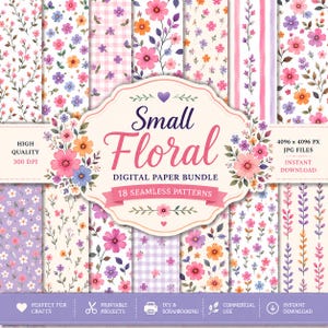 Small Floral Digital Paper Bundle, 18 Seamless Flower Patterns, Pastel Floral Backgrounds, Cottagecore Digital Paper, Spring Scrapbook Paper