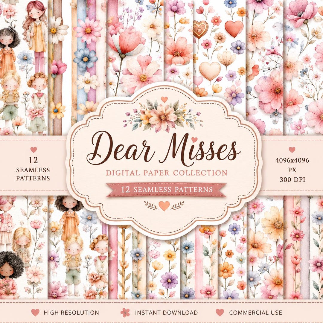 Cute Girls Digital Paper Bundle | 12 Seamless Pastel Floral Patterns ...