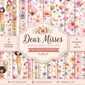 Pode incluir: Uma coleção de papéis digitais chamada "Dear Misses" com 12 padrões sem costura. Os padrões exibem desenhos florais em aquarela em tons de rosa, pêssego e azul. A imagem inclui o texto "Alta resolução", "Download instantâneo" e "Uso comercial".