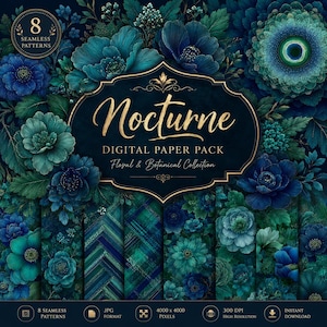 Pode incluir: Um pacote de papel digital intitulado Nocturne com oito padrões sem costura com designs florais e botânicos em azul escuro e verde-azulado. A coleção inclui vários arranjos florais e texturas geométricas em tons profundos de azul e verde.