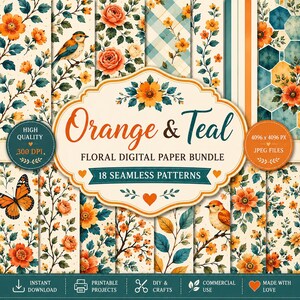 Orange & Teal Floral Digital Paper Bundle, 18 Seamless Patterns, Birds Flowers Leaves, Scrapbook Paper, Commercial Use