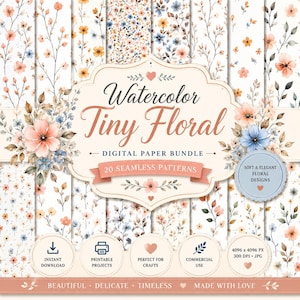 Watercolor Tiny Floral Paper Bundle, 20 Seamless Floral Patterns, Soft Pastel Flowers, Cottagecore Scrapbook Paper, Printable Backgrounds
