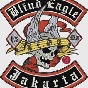 May include: Embroidered patch featuring a skull with wings, a banner reading "B.E.M.C.", and the words "Blind Eagle" and "Jakarta". The patch has a black, red, and white color scheme, with the text in white.