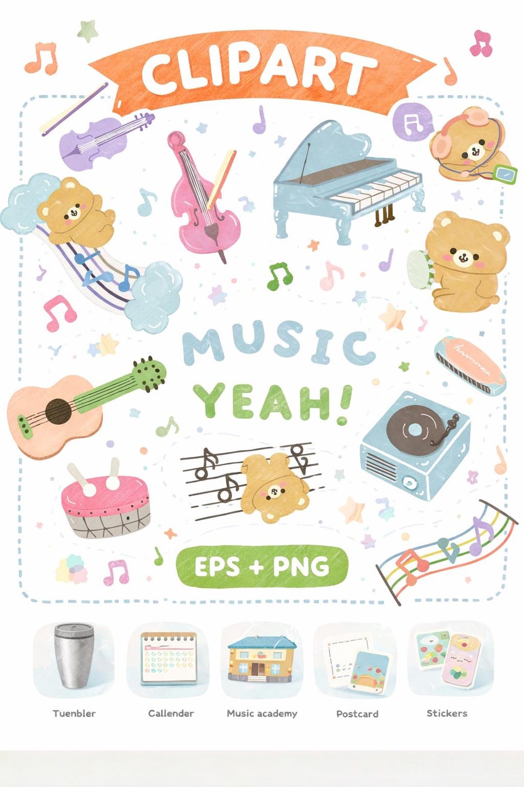Kawaii Musical Instruments Clipart – Bears, Pianos, Guitars (EPS, PNG ...