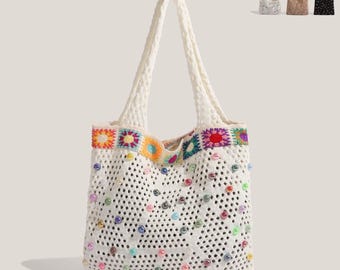 Boho Crochet Shoulder Bag – Handmade Summer Knit Tote – Striped Beach Bag – Lightweight Market Bag – Eco-Friendly Bag – Gift for Her