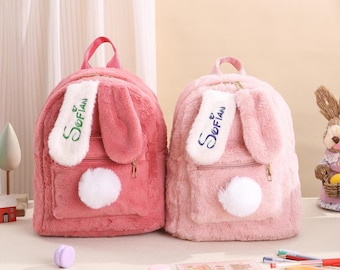 Personalized Bunny Backpack for Kids, Custom Name Embroidered Plush Rabbit School Bag, Cute Furry Backpack for Girls, Birthday Gift