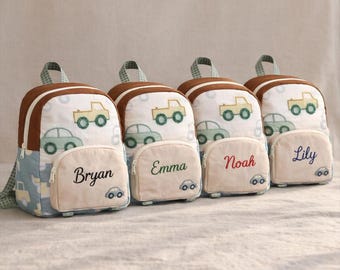 Personalized Quilted Car Pattern Kids Backpack, Custom Name Toddler Book Bag, First Day of School & Birthday Gift Backpack