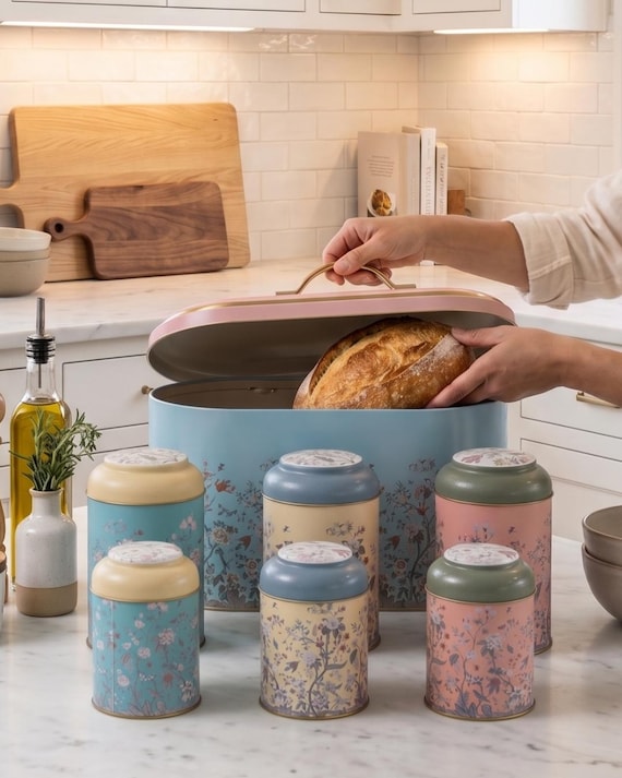 Bread Box Set | Vintage Farmhouse Kitchen Storage | Countertop Organizer with Canisters