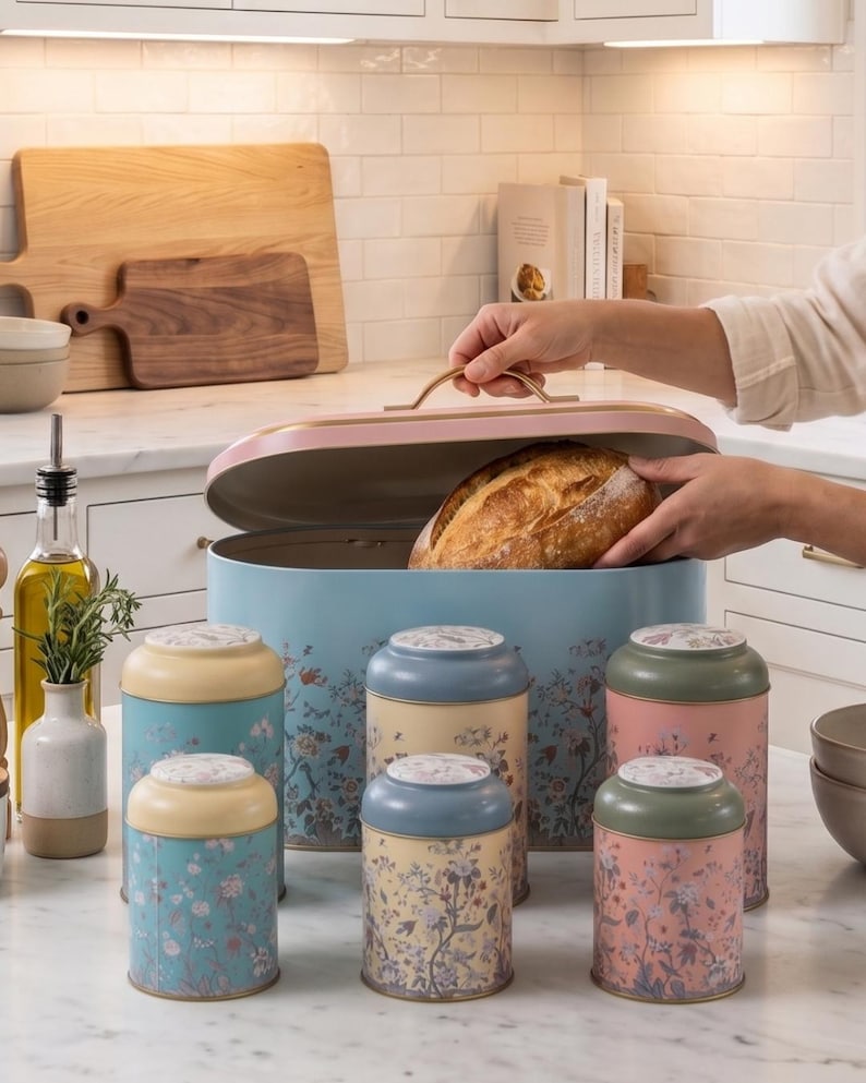 Puede incluir: Una panera ovalada de color azul claro con tapa rosa y un juego de seis botes cil&iacute;ndricos en tonos pastel variados de amarillo, azul y rosa. Cada bote y la panera presentan un delicado estampado floral en tonos suaves.