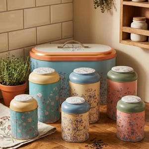 Farmhouse Bread Box and Canister Set, Vintage Metal Storage for Coffee, Tea, and Sugar