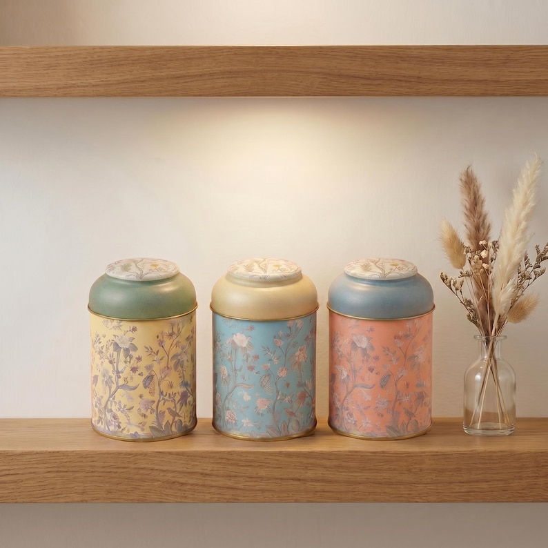 Spice jar set and tea coffee sugar canister set arranged on a wooden shelf, featuring three vintage botanical floral kitchen storage jars in pastel yellow, light blue, and coral pink colors with decorative ceramic lids next to a small glass vase with dried pampas grass for rustic farmhouse pantry organization.