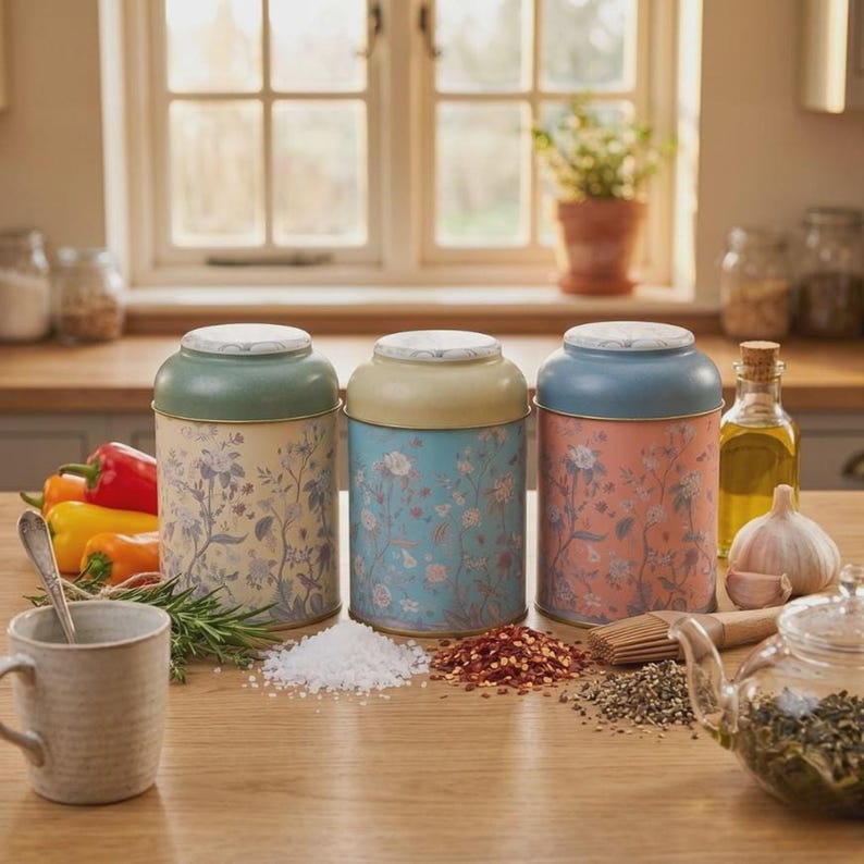 Spice jar set and vintage kitchen canister set for countertop organization, featuring decorative metal storage jars with floral wildflower prints, surrounded by sea salt, red pepper flakes, olive oil, garlic, and fresh bell peppers for rustic farmhouse kitchen decor styling.