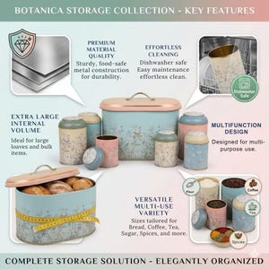 An infographic shows a light blue bread box with a pink lid, surrounded by six smaller canisters, all decorated with a floral pattern, with text describing product features.