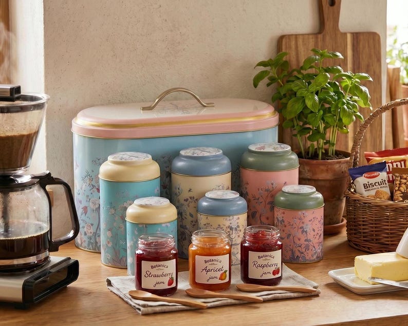 Coffee station decor kitchen canister set on a breakfast table, featuring a vintage blue bread box, floral metal canisters with ceramic lids, and small jam jars with wooden spoons on a countertop next to a coffee maker and basil plant for cottagecore farmhouse kitchen style. (303 karakter)