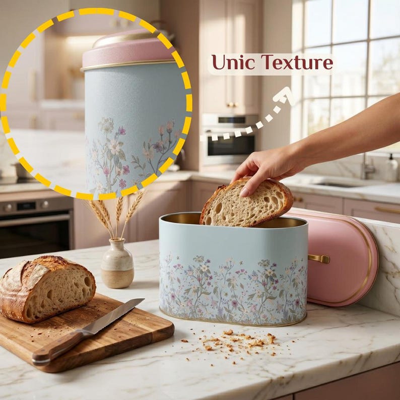 A hand reaches into a light blue bread box with a pink lid and floral pattern to retrieve a slice of bread, with a matching pink bread box visible in the background.