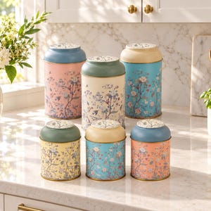 May include: A set of six cylindrical metal canisters in varying sizes and pastel colors, including pink, cream, blue, yellow, and orange. Each canister features a delicate floral pattern with branches and leaves, topped with a matching lid.