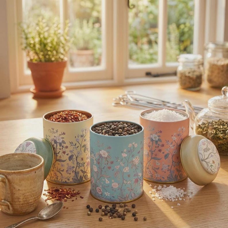 Spice jar set and tea coffee sugar canister set for kitchen countertop organization, showing open vintage metal canisters filled with red pepper flakes, black peppercorns, and sea salt, featuring botanical wildflower prints and ceramic lids next to a rustic mug on a wooden table.