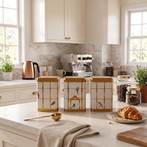 May include: Three rectangular metal canisters with gold lids and bases, featuring a white background with gold vertical lines and small colourful bird illustrations. A gold-toned metal spoon rests on the counter in front of the canisters.